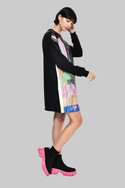 שמלת סווטשירט מטאליק מעור ואפליקציות 