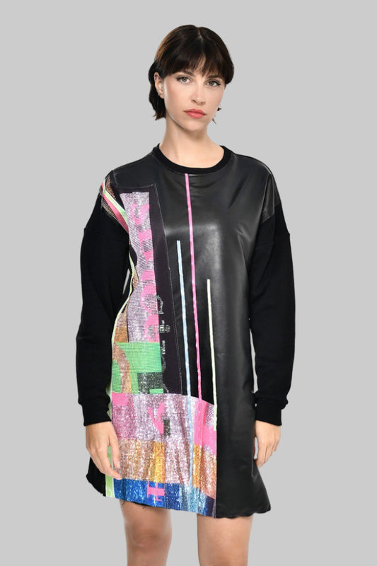 שמלת סווטשירט מטאליק מעור ואפליקציות 